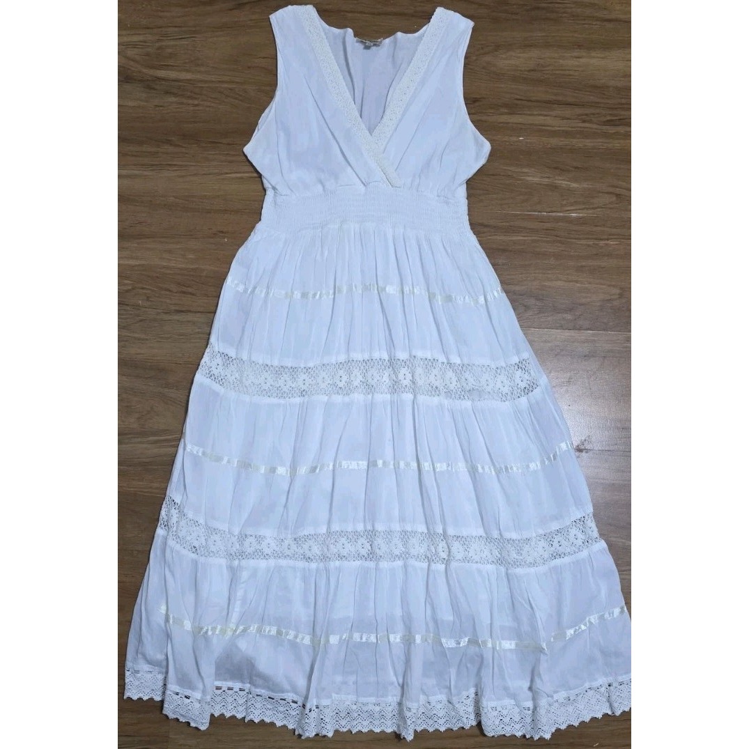 Magic Tiered Maxi Dress Sheer White Crochet Ribbon Xl Cottage Core Beach Boho